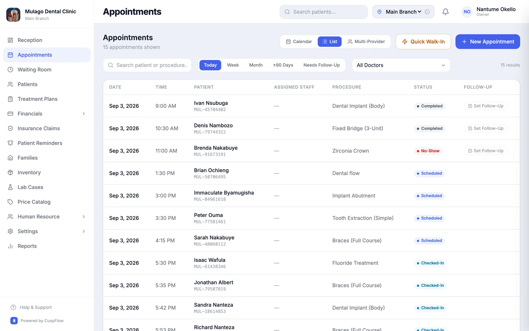 CuspFlow appointments calendar with doctor and chair assignments