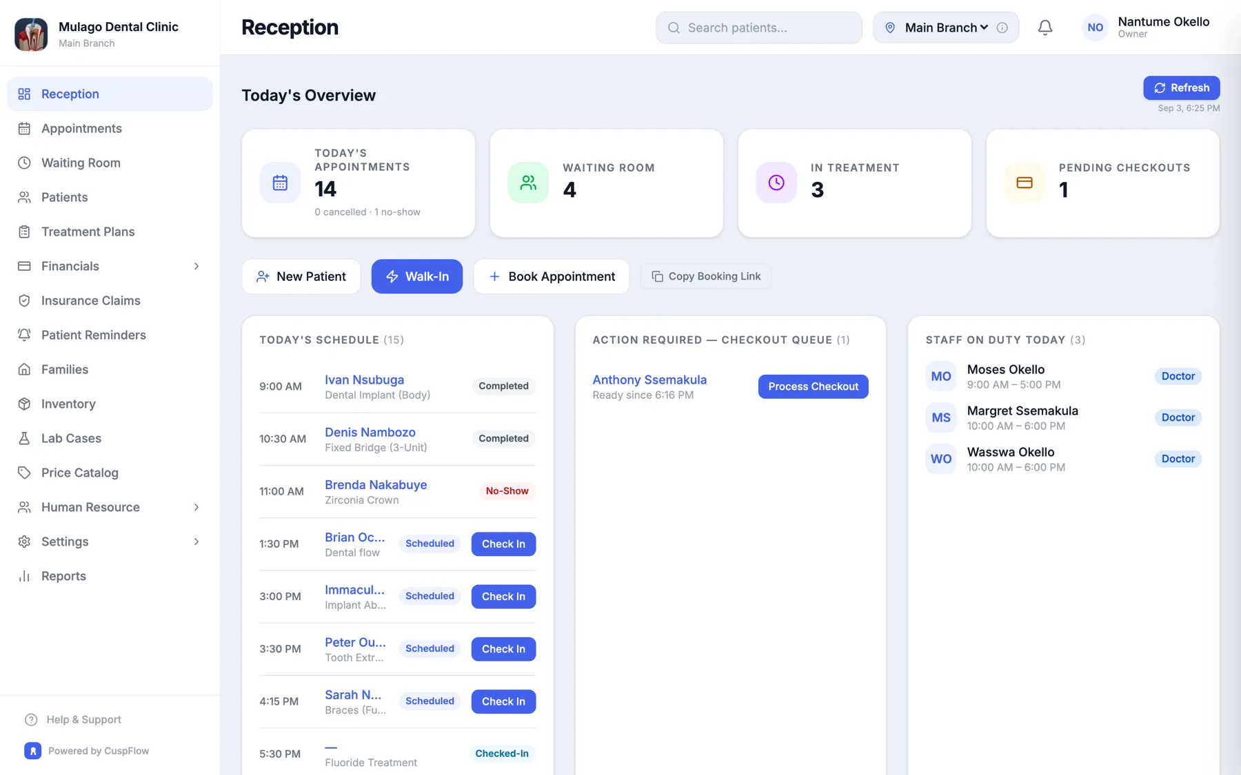 CuspFlow reception dashboard showing today's appointments, waiting room and checkout queue