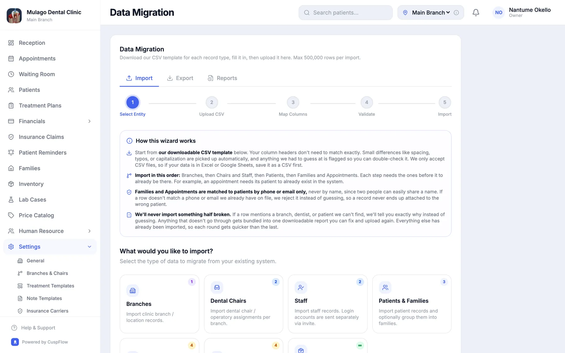 CuspFlow data migration wizard with column mapping and validation dry-run
