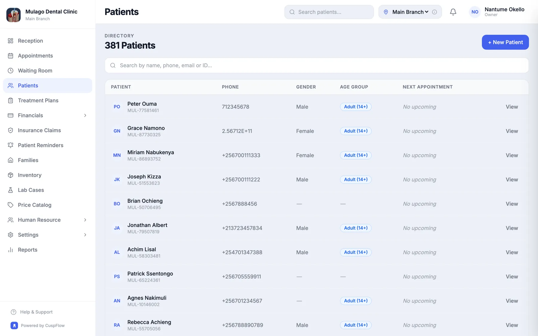 CuspFlow patient list with search by name, phone and patient code