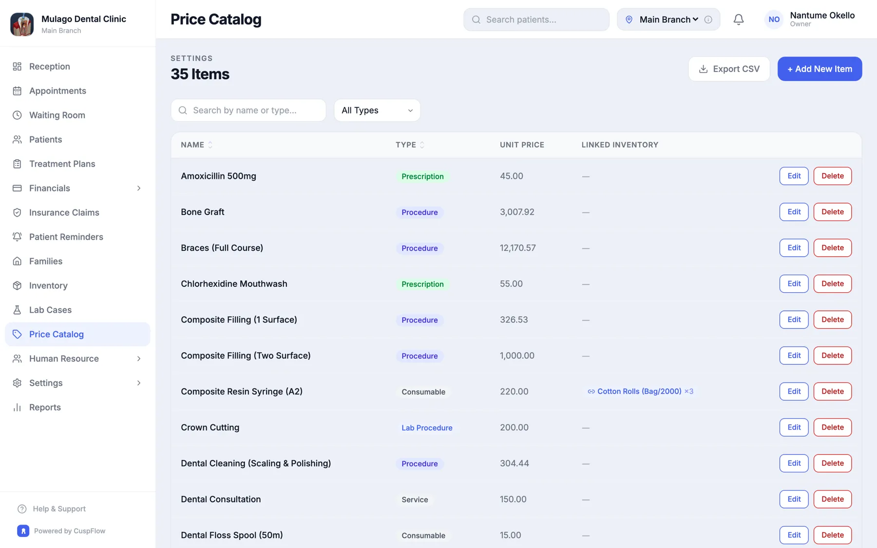 CuspFlow price catalog of billable procedures and prescriptions
