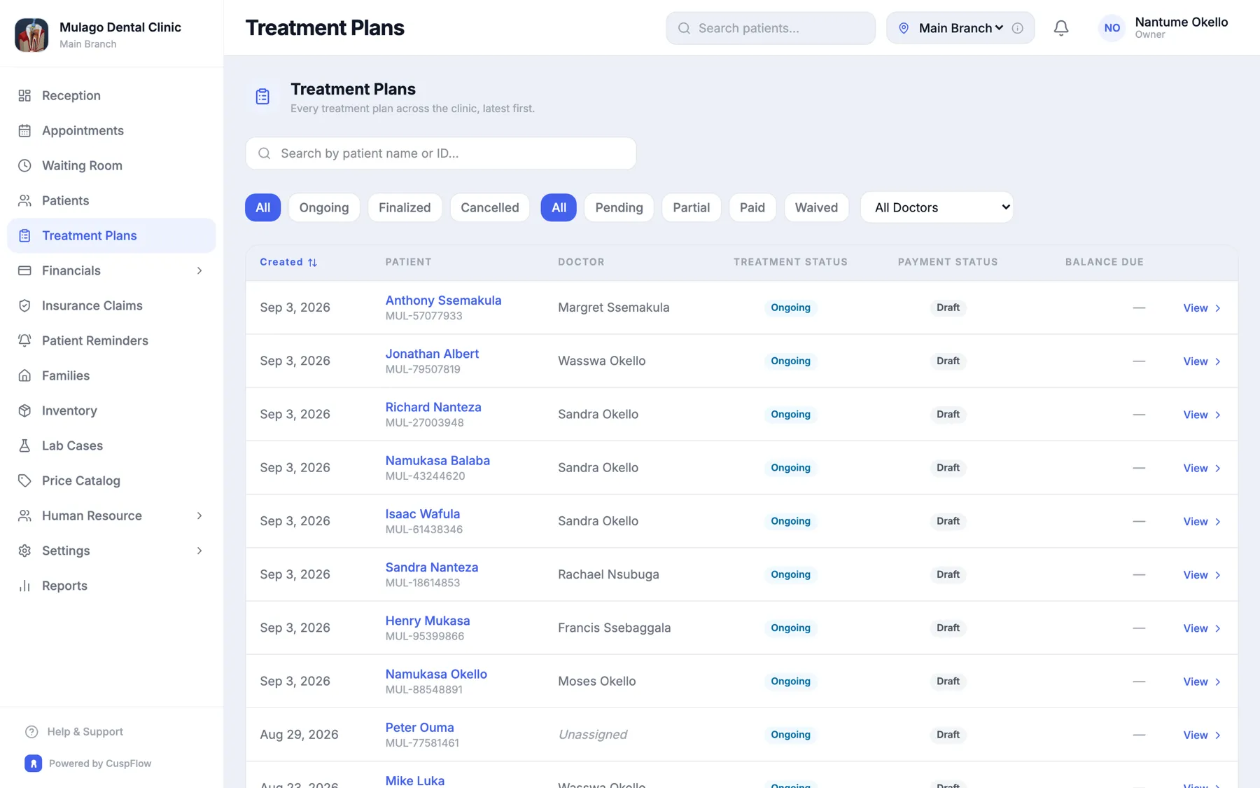 CuspFlow treatment plans list showing patient plans, procedures and status